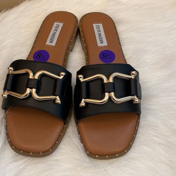 NWT Steve Madden Alita Black w/ Gold Tone Buckle Slide Sandals - Various Sizes - Picture 6 of 13
